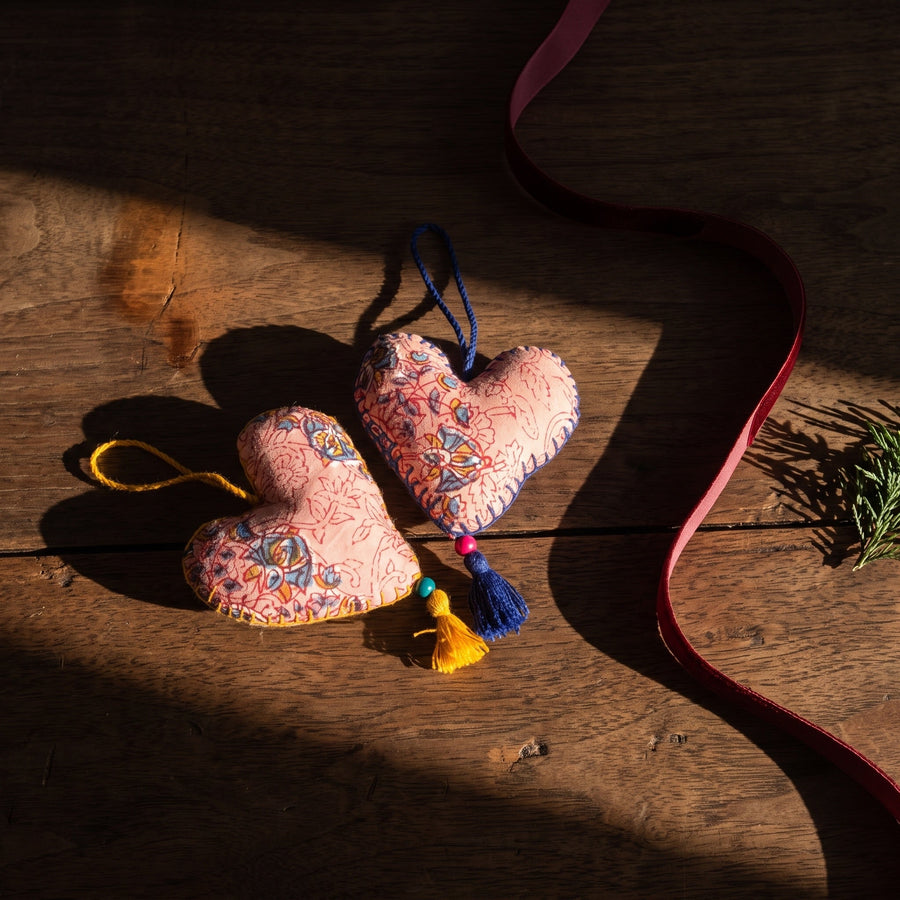Handcrafted Cotton Heart Christmas Ornaments, Pack of 6 (Non-Beaded)
