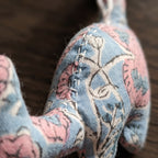Handcrafted cotton elephant or dinosaur Christmas ornament – Whisper Mist design, fabric detail. Example from random pack of six.