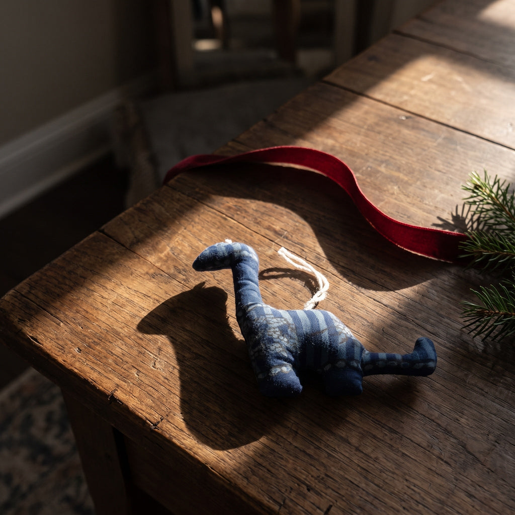 Handcrafted cotton elephant or dinosaur Christmas ornament – Whisper Bloom design, styled photo. Example from random pack of six.