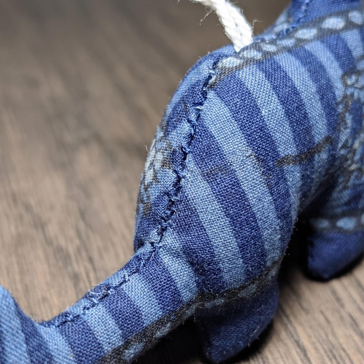 Handcrafted cotton elephant or dinosaur Christmas ornament – Whisper Bloom design, fabric detail. Example from random pack of six.