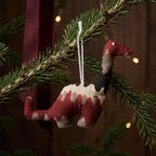 Handcrafted cotton elephant or dinosaur Christmas ornament – Blue Day design, hanging on a Christmas tree. Example from random pack of six.