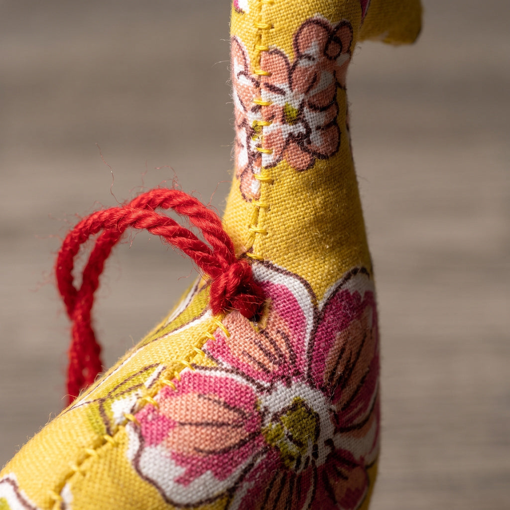 Handcrafted cotton elephant or dinosaur Christmas ornament – Dew Fern design, fabric detail. Example from random pack of six.