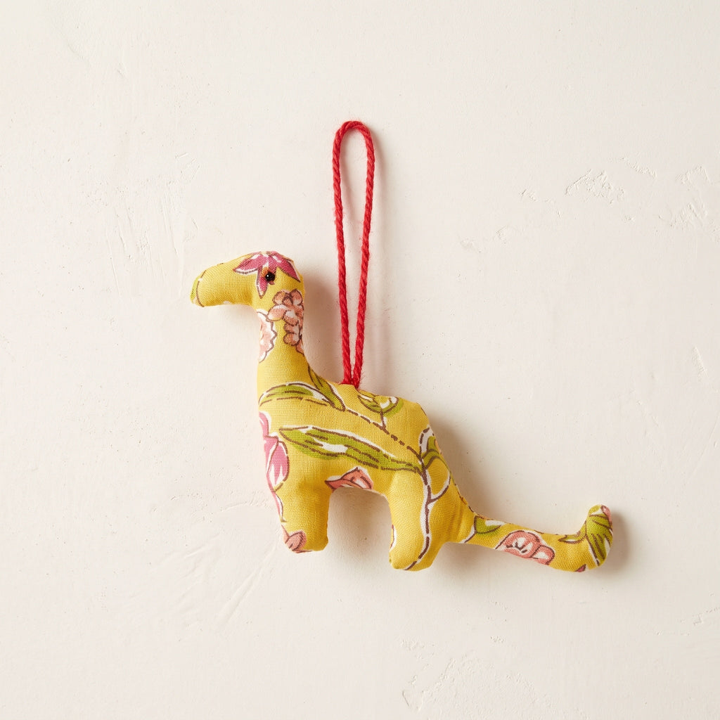 Handcrafted cotton elephant or dinosaur Christmas ornament – Dew Fern design, studio hero. Example from random pack of six.