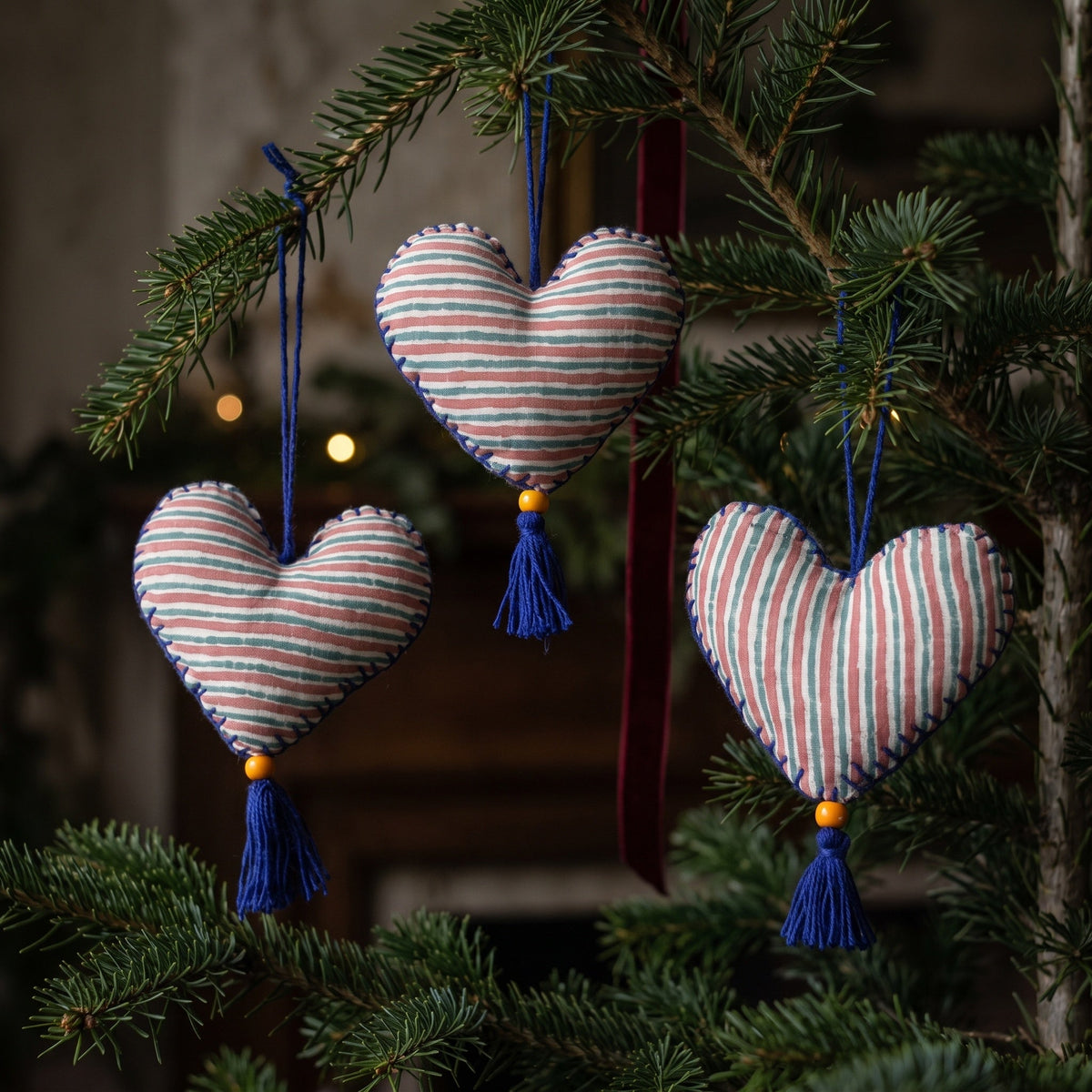 Non-beaded cotton heart Christmas ornament, Sky Fern design – on a Christmas tree. Example from random assortment of six.