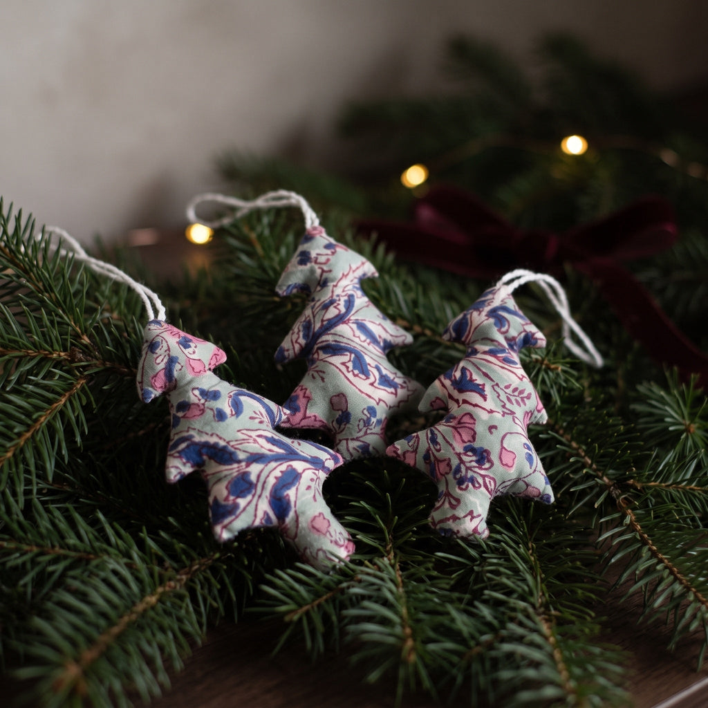 Handcrafted cotton Christmas tree ornament: Heirloom Lotus design, styled on Christmas tree. Example design in surprise pack of six.