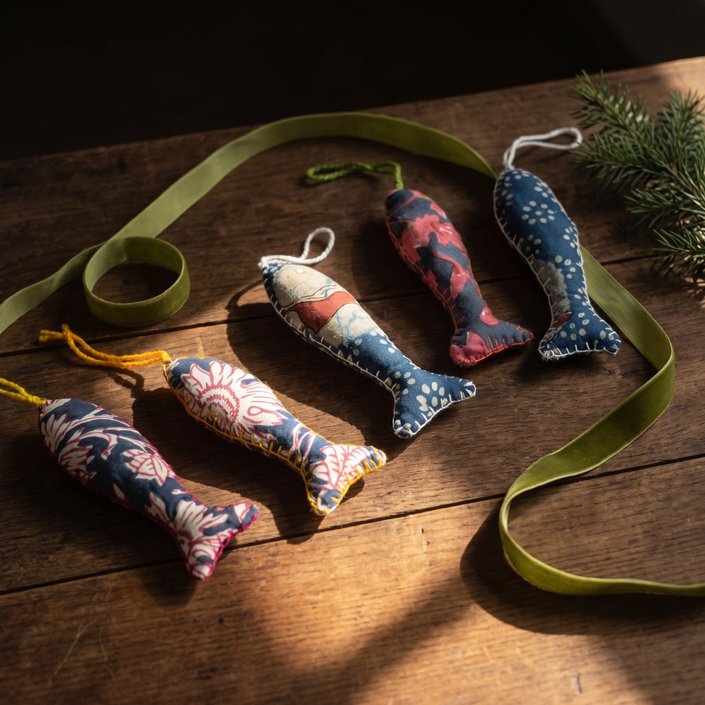 Handcrafted cotton fish Christmas ornament, Verdant Fern design – styled photograph. Example from surprise pack of six.