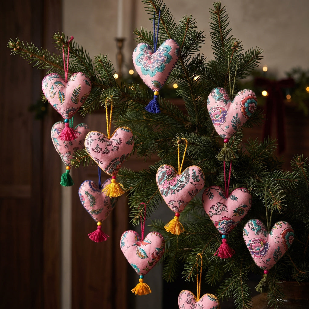 Non-beaded cotton heart Christmas ornament, Gem Dew design – on a Christmas tree. Example from random assortment of six.