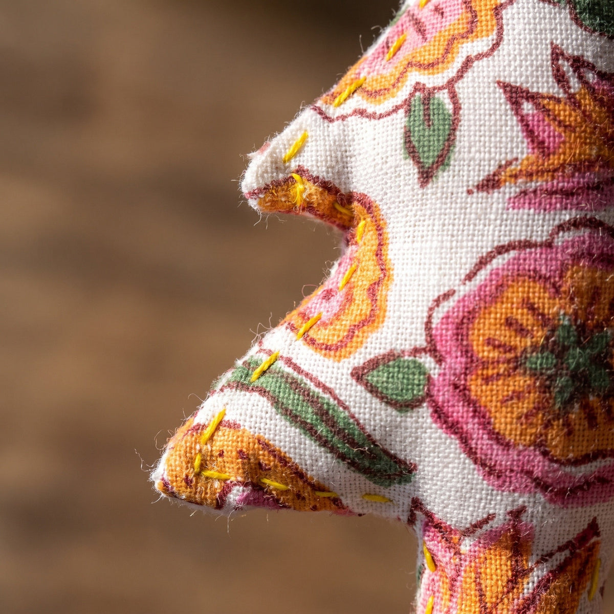 Handcrafted cotton Christmas tree ornament: Maple Grove design, fabric detail. Example design in surprise pack of six.
