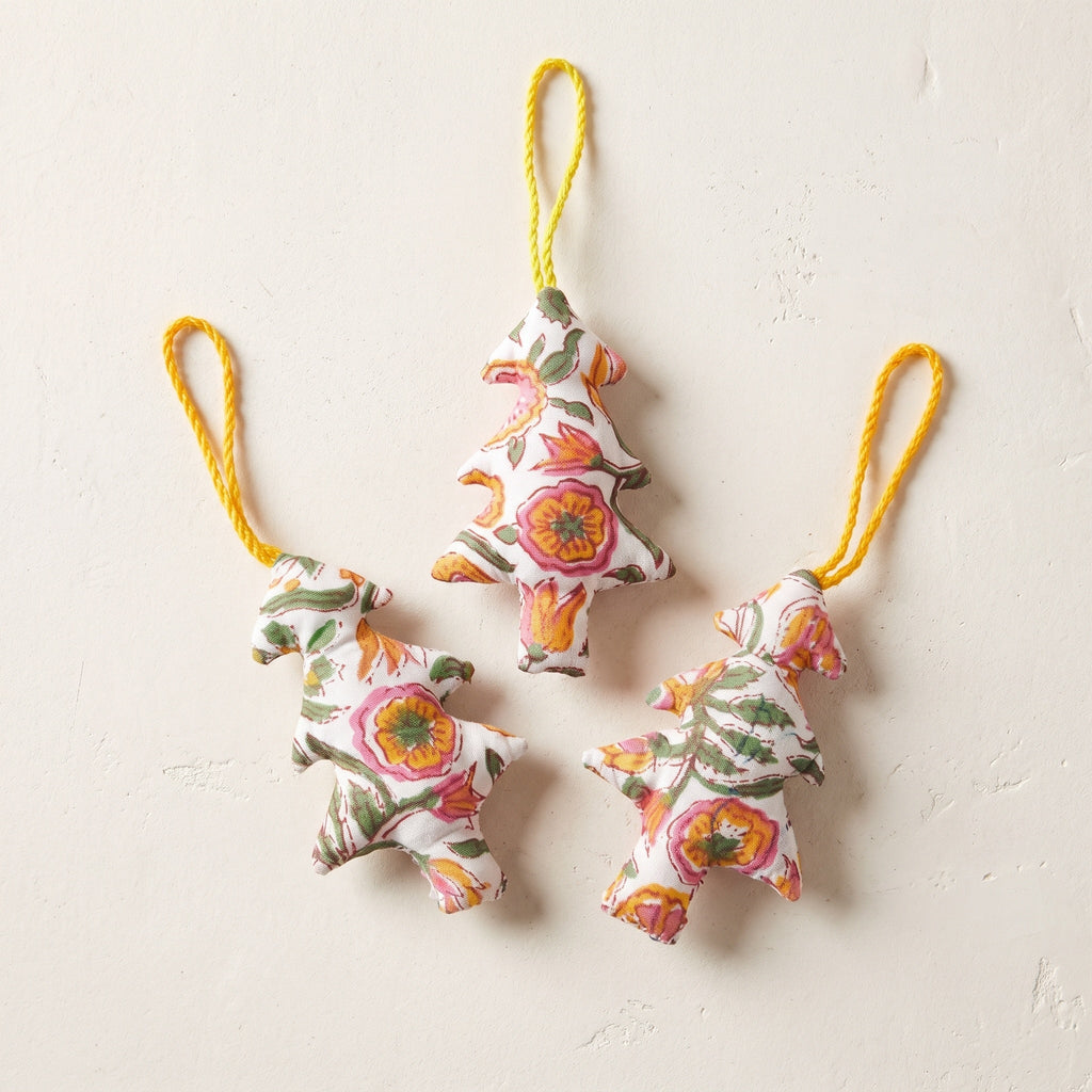 Handcrafted cotton Christmas tree ornament: Maple Grove design, studio view. Example design in surprise pack of six.