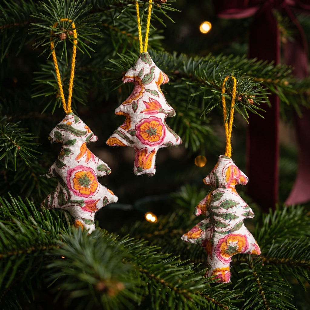 Handcrafted cotton Christmas tree ornament: Maple Grove design, styled on Christmas tree. Example design in surprise pack of six.