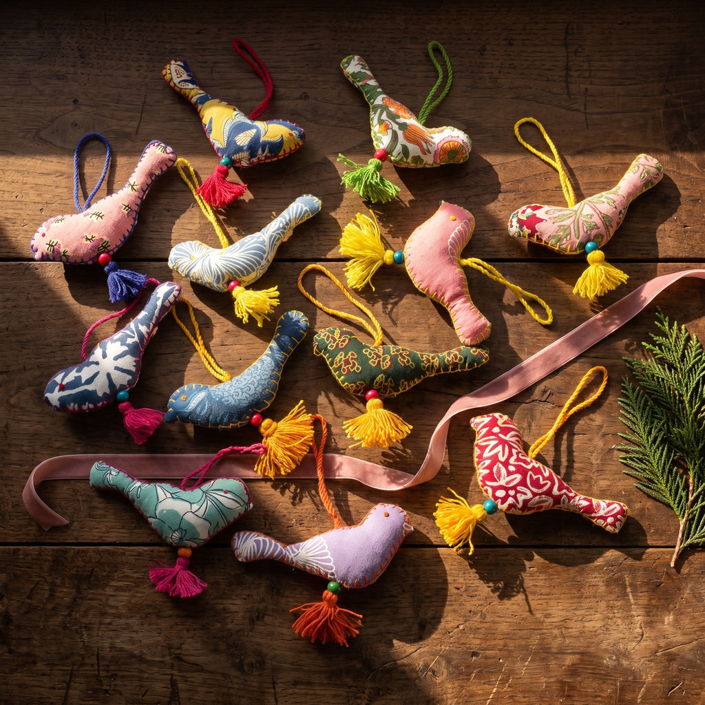 Handcrafted Cotton Bird Christmas Ornaments, Pack of 6