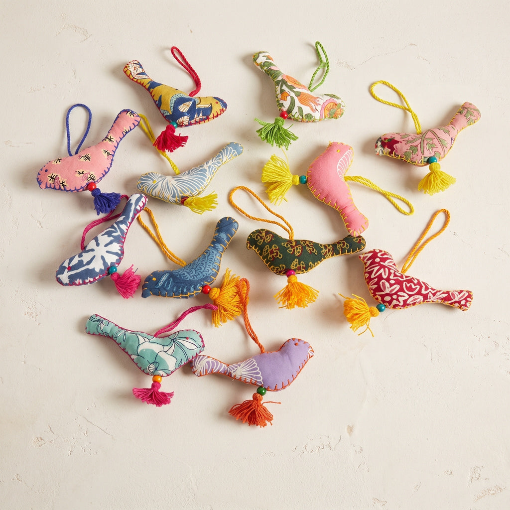 Handcrafted Cotton Bird Christmas Ornaments, Pack of 6