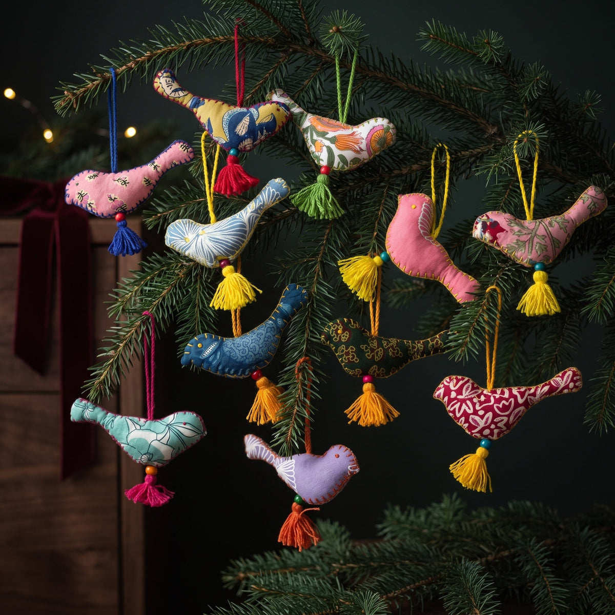 Handcrafted Cotton Bird Christmas Ornaments, Pack of 6