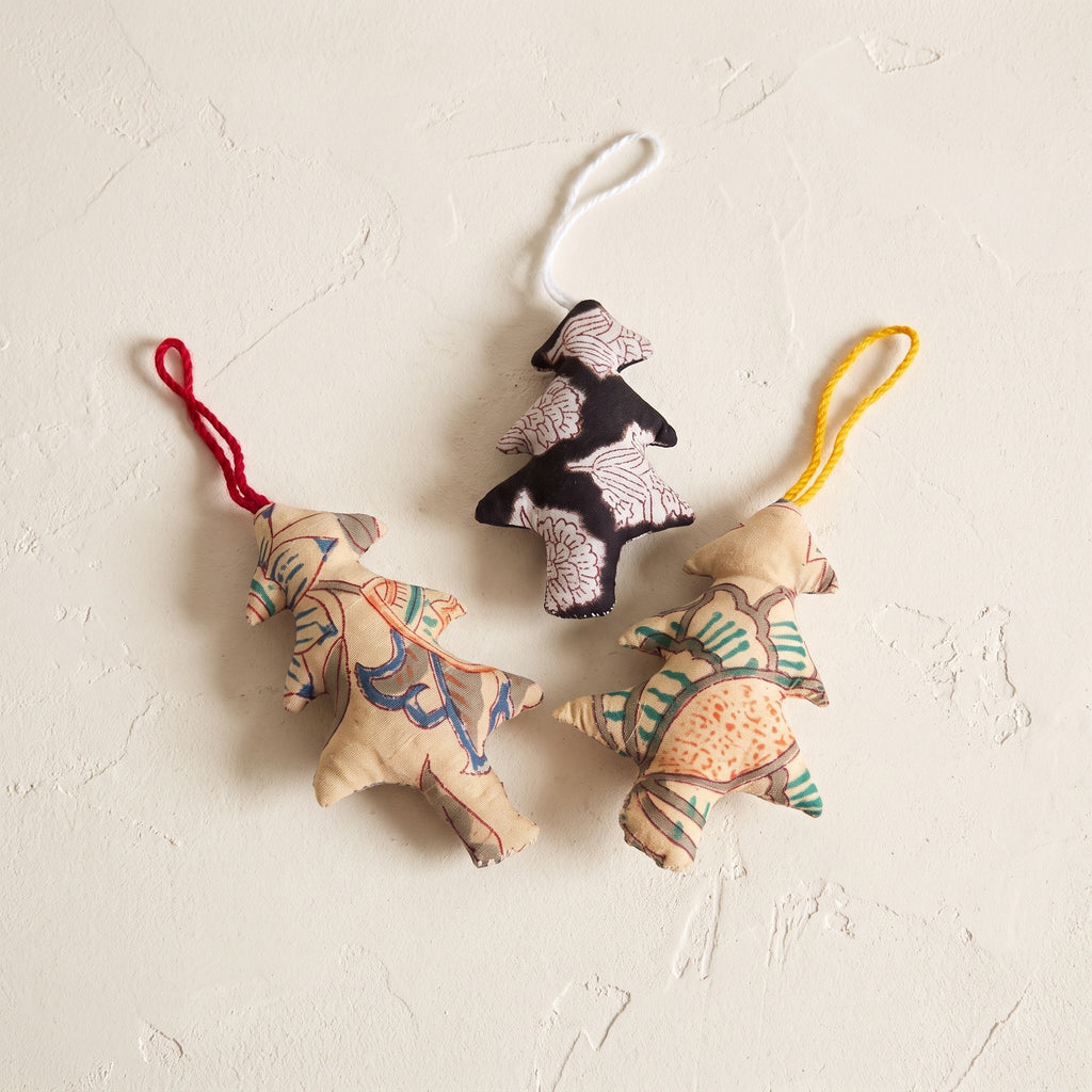 Handcrafted cotton Christmas tree ornament: A Sun design, studio view. Example design in surprise pack of six.