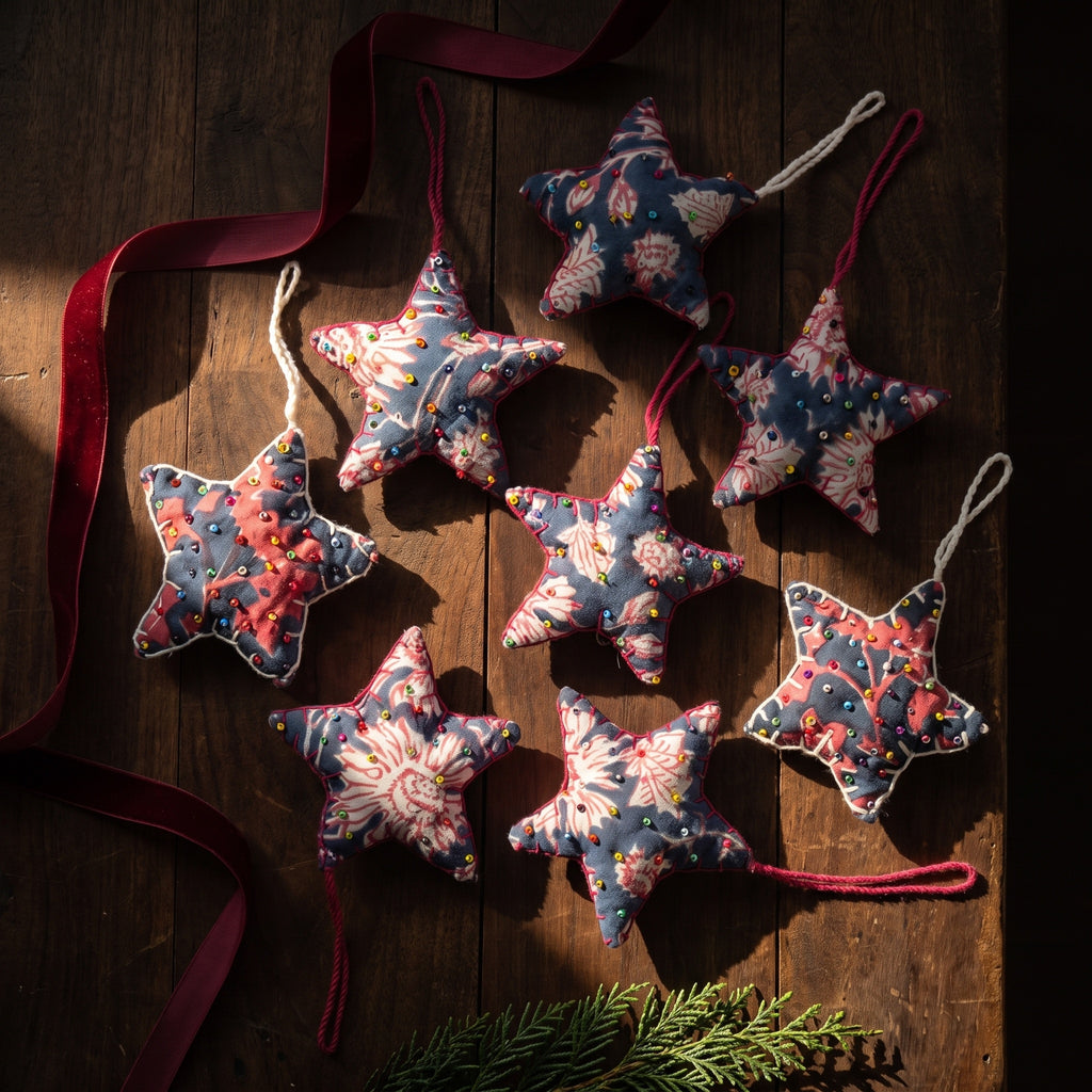 Handcrafted Beaded Cotton Star Christmas Ornaments, Pack of 6