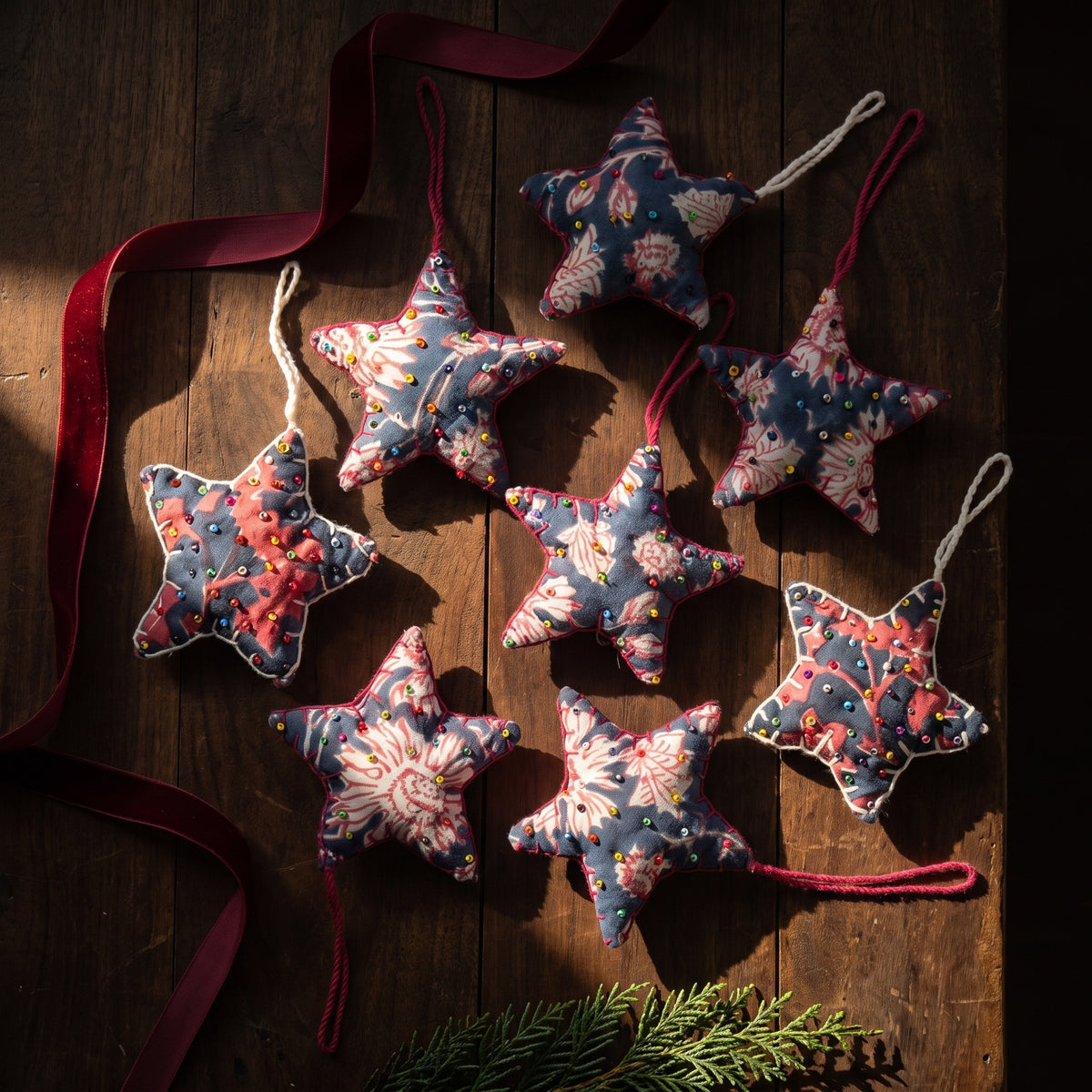 Handcrafted Beaded Cotton Star Christmas Ornaments, Pack of 6