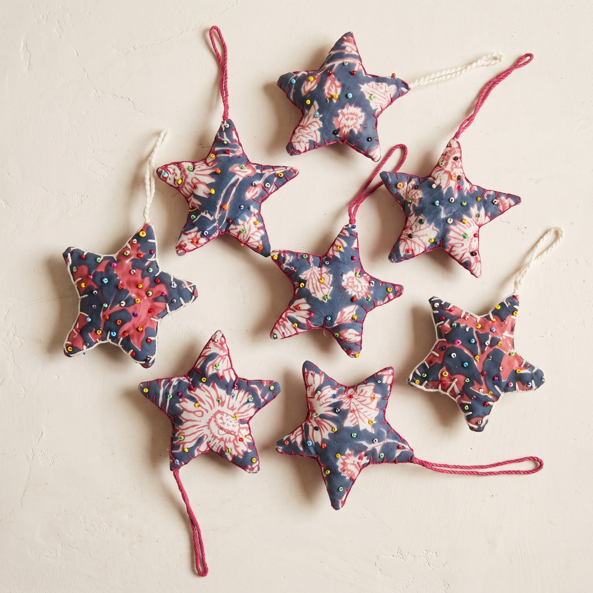 Handcrafted Beaded Cotton Star Christmas Ornaments, Pack of 6