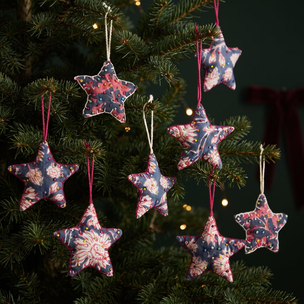 Handcrafted Beaded Cotton Star Christmas Ornaments, Pack of 6