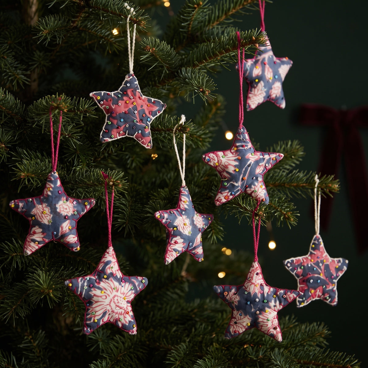 Handcrafted Beaded Cotton Star Christmas Ornaments, Pack of 6