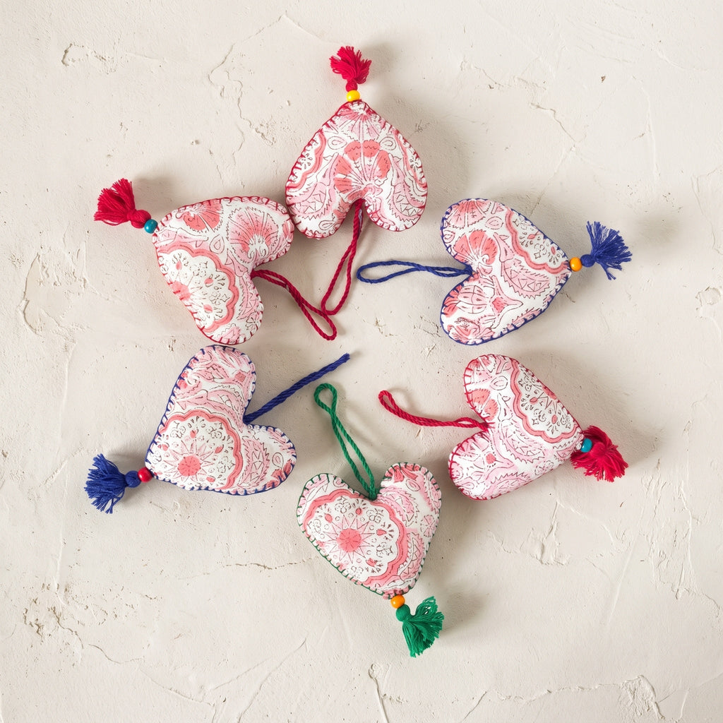 Non-beaded cotton heart Christmas ornament, Sky Gem design – studio view. Example from random assortment of six.