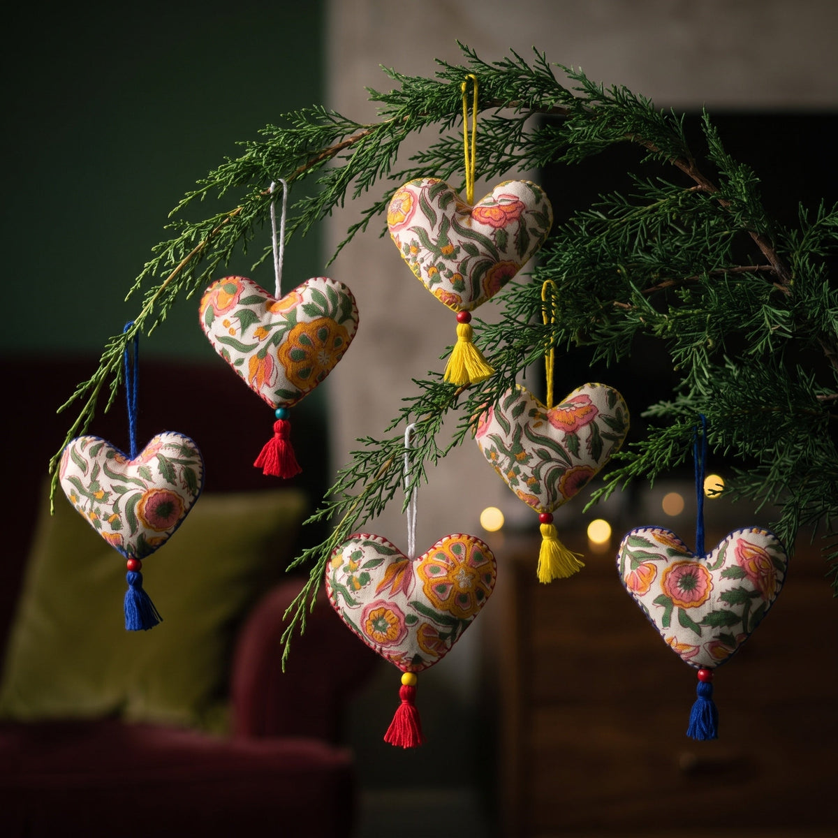 Non-beaded cotton heart Christmas ornament, Gentle Glow design – on a Christmas tree. Example from random assortment of six.
