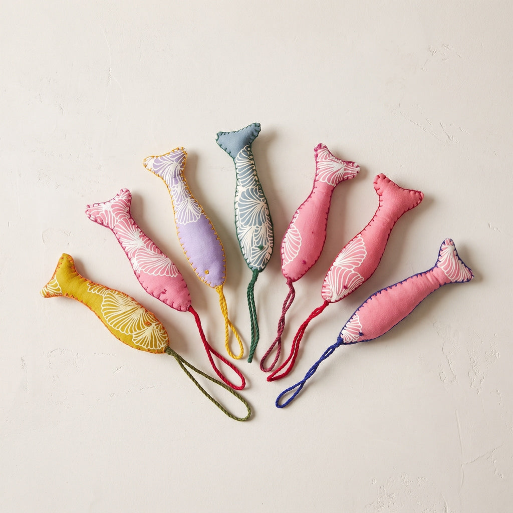 Handcrafted cotton fish Christmas ornament, Cobalt Dream design – studio view. Example from surprise pack of six.