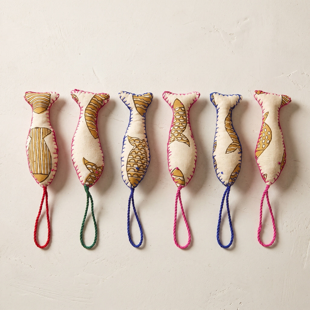 Handcrafted cotton fish Christmas ornament, Woven Indigo design – studio view. Example from surprise pack of six.