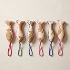 Handcrafted cotton fish Christmas ornament, Woven Indigo design – studio view. Example from surprise pack of six.