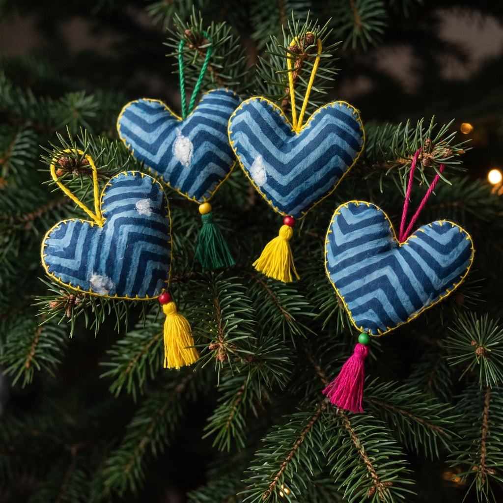 Non-beaded cotton heart Christmas ornament, Mist Tide design – on a Christmas tree. Example from random assortment of six.