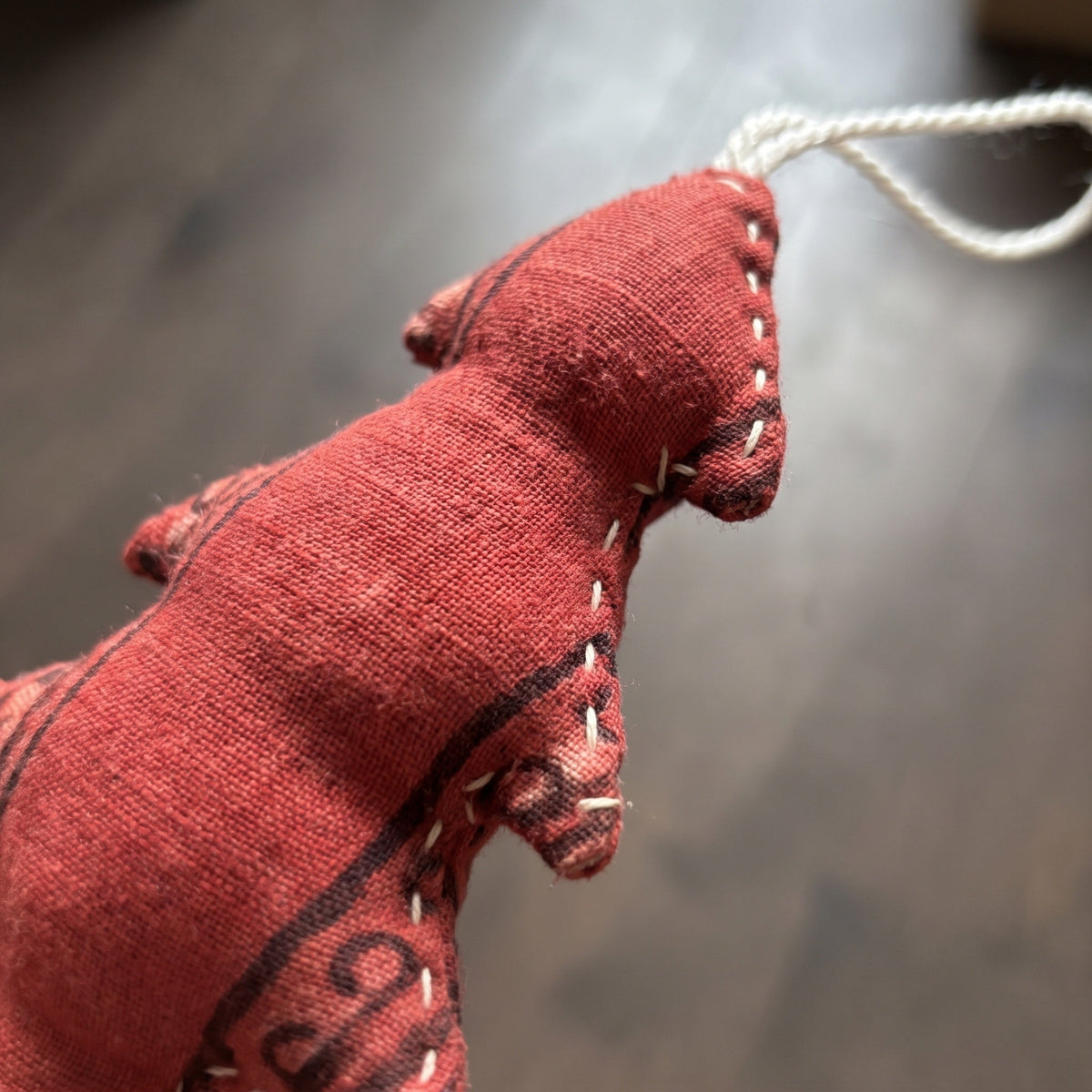 Handcrafted cotton Christmas tree ornament: Blush Stitch design, fabric detail. Example design in surprise pack of six.