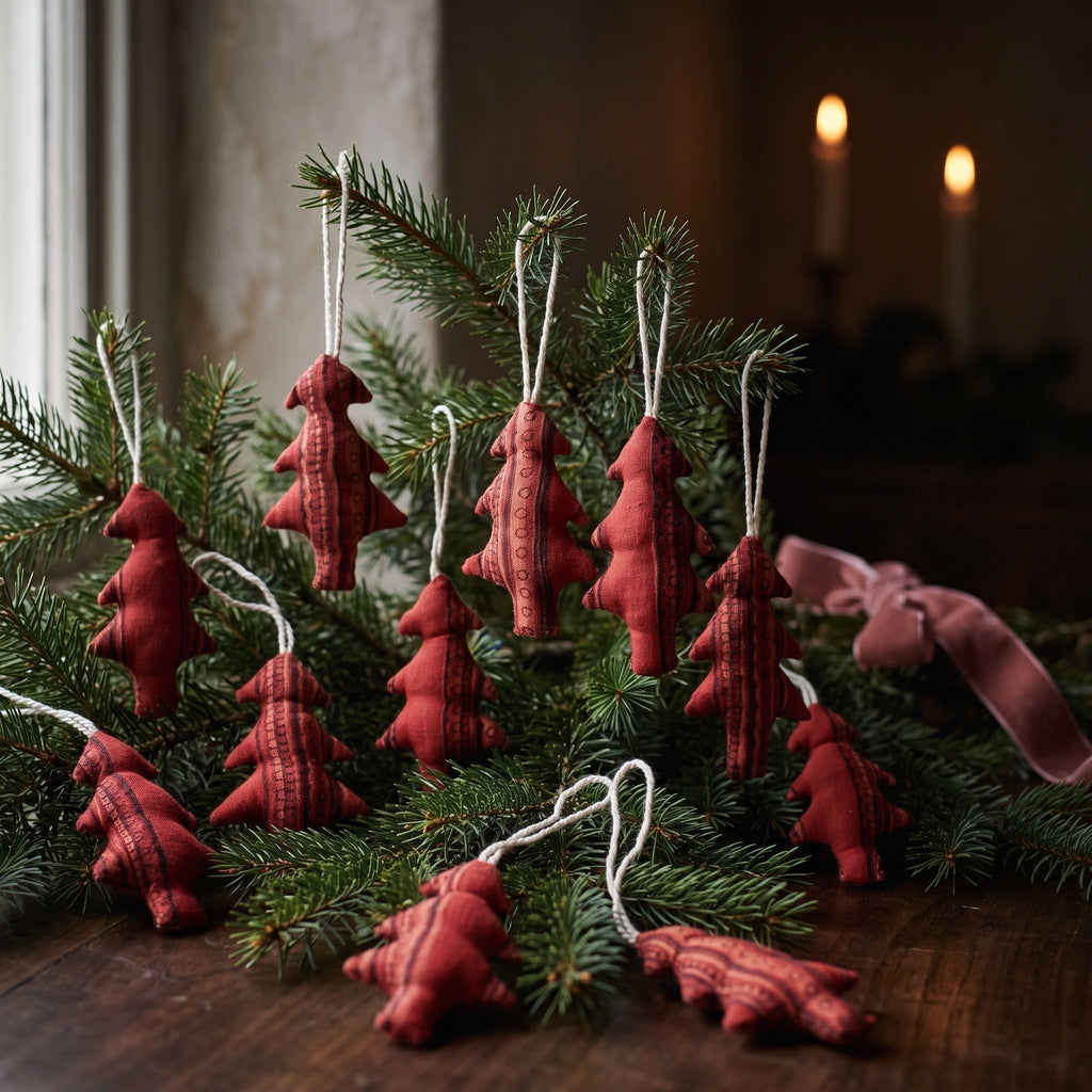 Handcrafted cotton Christmas tree ornament: Blush Stitch design, styled on Christmas tree. Example design in surprise pack of six.