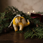Handcrafted cotton elephant or dinosaur Christmas ornament – Luminous Glow design, hanging on a Christmas tree. Example from random pack of six.