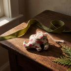 Handcrafted cotton elephant or dinosaur Christmas ornament – Moss Fern design, styled photo. Example from random pack of six.