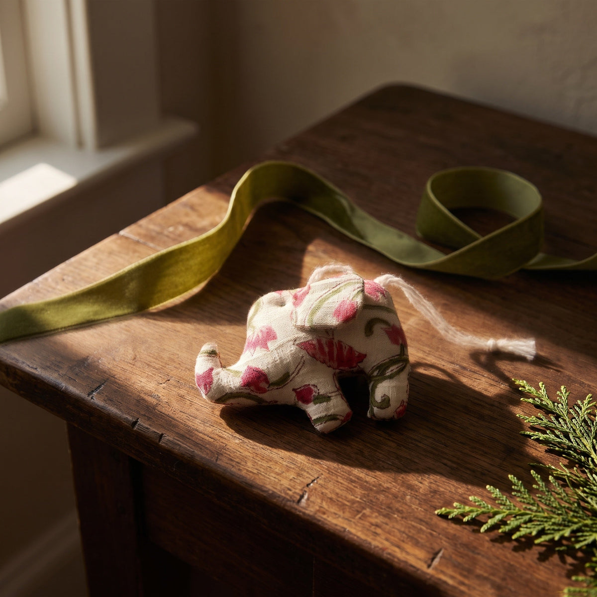 Handcrafted cotton elephant or dinosaur Christmas ornament – Moss Fern design, styled photo. Example from random pack of six.
