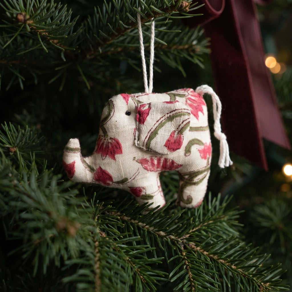 Handcrafted cotton elephant or dinosaur Christmas ornament – Moss Fern design, hanging on a Christmas tree. Example from random pack of six.